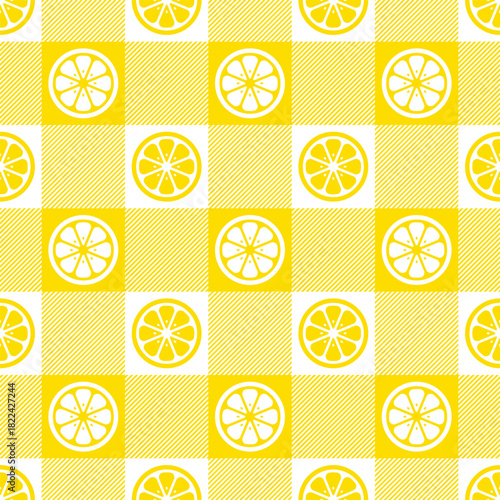 Lemon seamless pattern. Yellow lemons background. Repeated citrus fruit. Repeating ummer orange texture. Slice limon for design prints. Abstract cute patern. Simple line spring bg. Vector illustration
