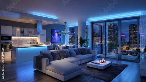 Modern apartment interior with blue mood lighting at night. Large windows offer cityscape view. Comfortable sofa faces kitchen island with built in appliances. Luxury living space is well lit