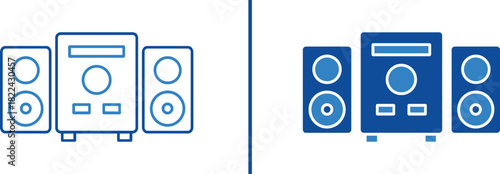 Stereo System Icons: Clean, modern icons of a stereo system in varying shades of blue, designed to represent sound quality and audio