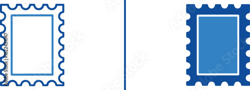 Postage Stamps Icon Set: A symmetrical composition of two postage stamps, one in outline and another colored with a vibrant blue, ready for your messages.