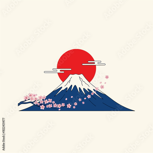 Iconic Japan: Minimalist Mount Fuji, Rising Sun, and Sakura
