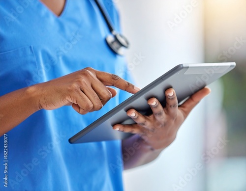 Healthcare, tablet and hands of nurse working online for medical research, planning and schedule in hospital. Telehealth, communication and black woman with digital tech for consultation in clinic.