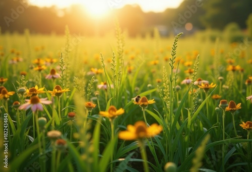 Lush Vegetation Harmony Adorning Tranquil Field with Flourishing Crops and Pollinator-Friendly Plants