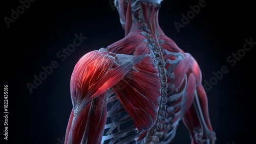 human shoulder muscles anatomy closeup showing detailed muscle fibers and structure medical animation illustrating musculoskeletal system