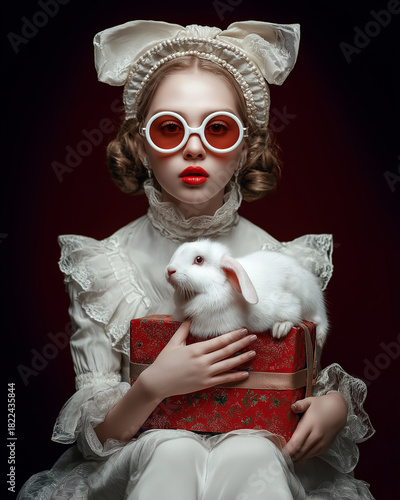 Girl in vintage costume holding gift box with white rabbit