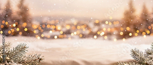 Dreamy Christmas tree bokeh lights with snowy elements, a perfect festive backdrop for holiday photography projects
