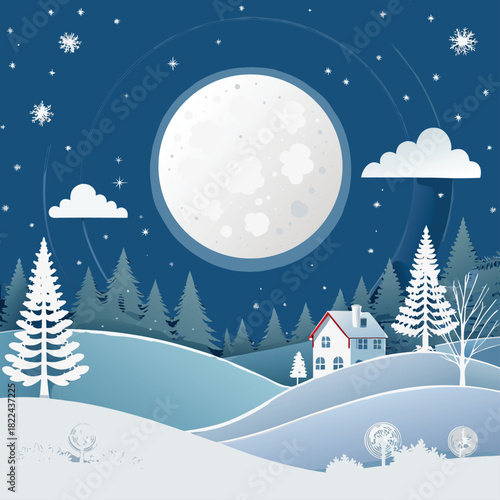 Winter night with house and moon