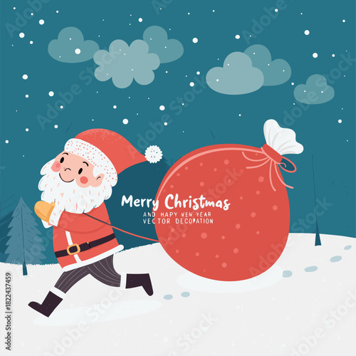 Cheerful Santa Claus Delivering Christmas Holiday Presents in a Snowy Winter Scene Illustration
