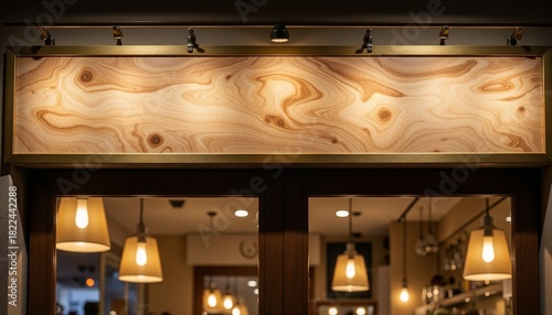 Illuminated wooden storefront panel mockup above restaurant entrance, warm evening lighting creates inviting branding surface for café or bistro