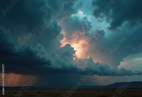 Powerful Thunderstorm Clouds Converging Over Rolling Plains Dramatic Dark Sky