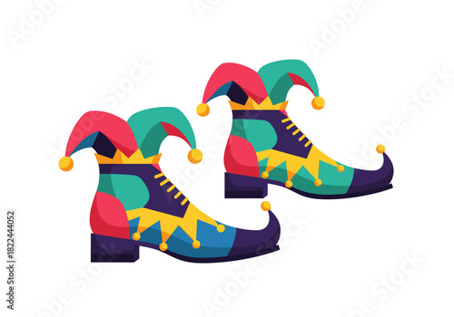 Colorful jester costume shoes with bells in playful design  