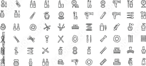 Beauty care icons, editable stroke, makeup sketch, grooming outline, black and white, vector illustration
