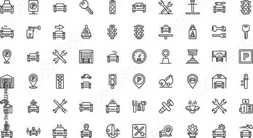 Automobile service icons, editable stroke, car sketch, traffic outline, black and white, vector illustration