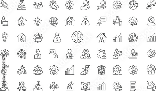 Business and communication icons, editable stroke, finance sketch, strategy outline, black and white, vector illustration