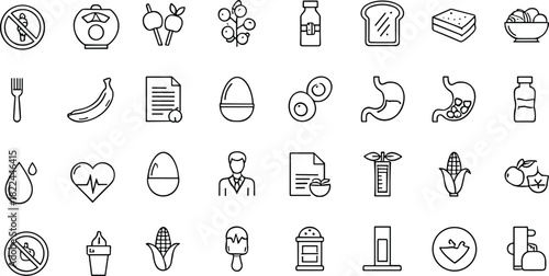Nutrition and health icons, editable stroke, food sketch, wellness outline, black and white, vector illustration