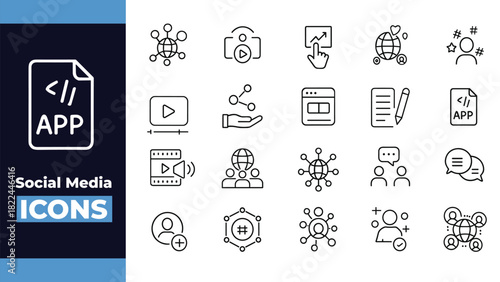 Social Media Line Icons Set – Communication, Networking, Followers, Video, App Development