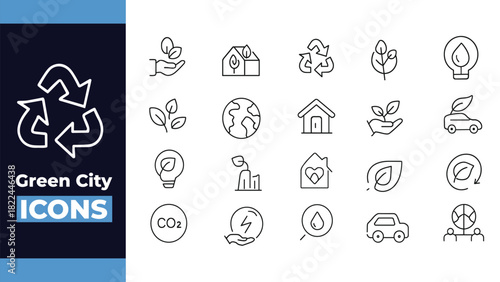 Eco Friendly Green City Line Icons – Sustainability, Recycling, Renewable Energy, Environment