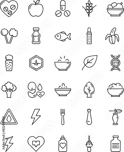 Health and wellness icons, editable stroke, nutrition sketch, medical outline, black and white, vector illustration