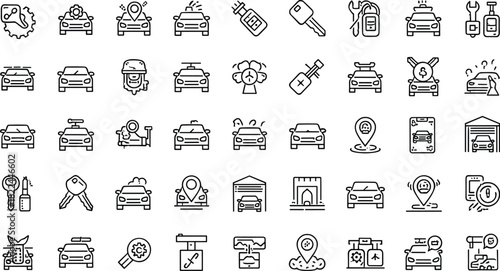 Car service icons, editable stroke, automotive sketch, garage outline, black and white, vector illustration