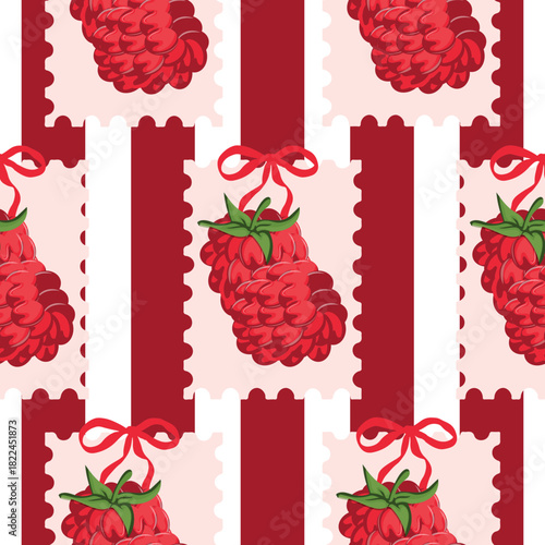 seamless pattern with stamps with a raspberry design with a green tail on a striped background, for thematic printing, social media or web design