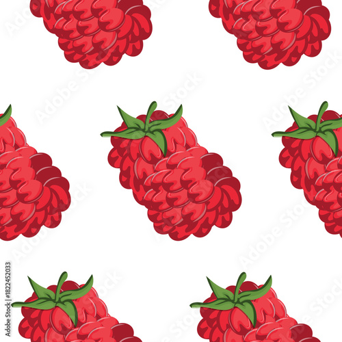 pattern with ripe raspberry fruits with a green tail on a white background, for thematic printing, social networks or web design