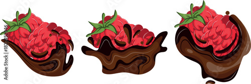 set of icons of ripe raspberries in various splashes of melted dark chocolate, for thematic printing, social networks or web design