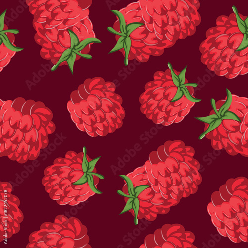 seamless pattern with ripe raspberry fruits with a green tail on a pink background arranged randomly, for thematic printing, social networks or web design