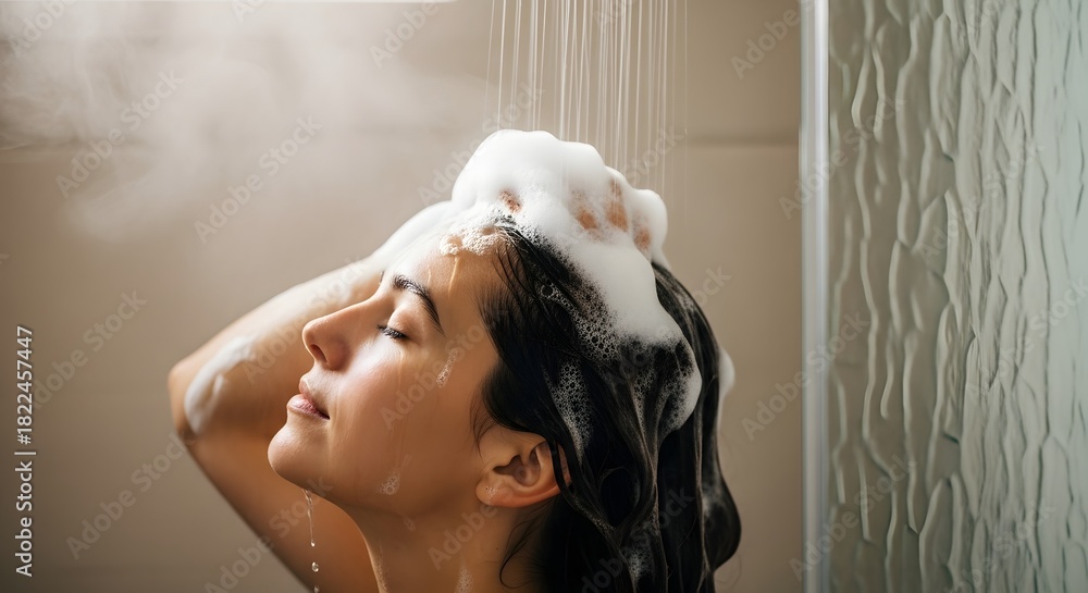 Naklejka premium A woman with closed eyes washes her hair with shampoo in the shower, enjoying the moment.