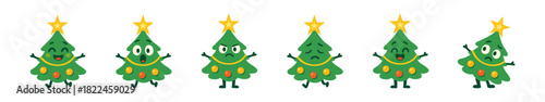 Various Green Christmas Tree Characters Displaying Different Emotions on a White Background