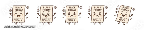 Animated Retail Receipts Expressing Varying Emotions on Black Friday Savings
