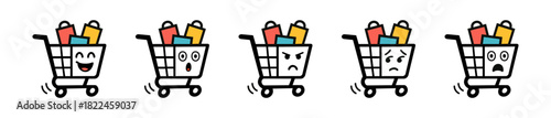 Shopping Carts Expressing Range of Emotions with Gift Bags in a Row on White