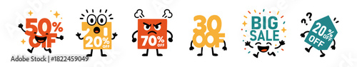 Discount Sale Cartoon Characters with Promotional Percentages Off on White