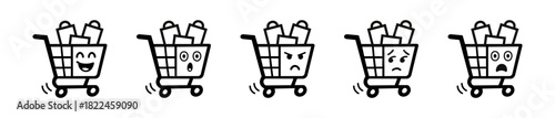 Shopping Carts with Varying Facial Expressions Carrying Shopping Bags, Representing Different Emotions