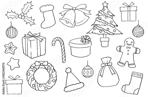 クリスマスのイラストセット(黒線画)