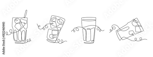 Set of cola glasses in one continuous line vector drawing. Editable stroke.