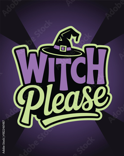 Witch please halloween text with witch hat on dark purple background with rays