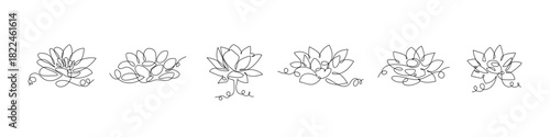 Set of minimalist lotus flowers in one continuous line vector drawing. Editable stroke.