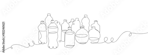 Many plastic bottles in one continuous line vector drawing. Editable stroke.