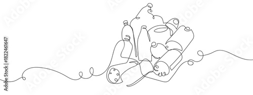 Pile of plastic bottles in one continuous line vector drawing. Editable stroke.