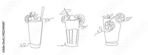 Set of juice and cocktail glasses in one continuous line. vector drawing. Editable stroke.