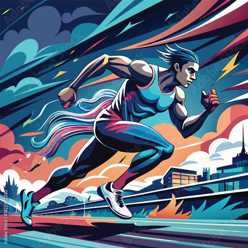 Urban graffiti mural of a determined athlete running