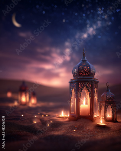 A beautiful Ramadan lit lantern with burning candles in the desert and night sky with stars on the blurred background