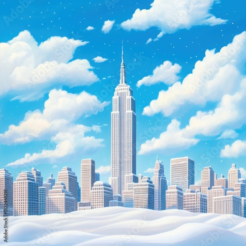 A vibrant illustration of the Empire State Building against a blue sky filled with clouds.