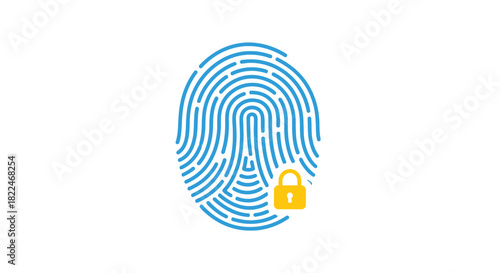 A blue fingerprint graphic with a small yellow padlock inside representing security