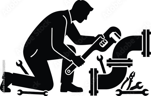 Mechanic joining pipes with a wrench, vector silhouette.
