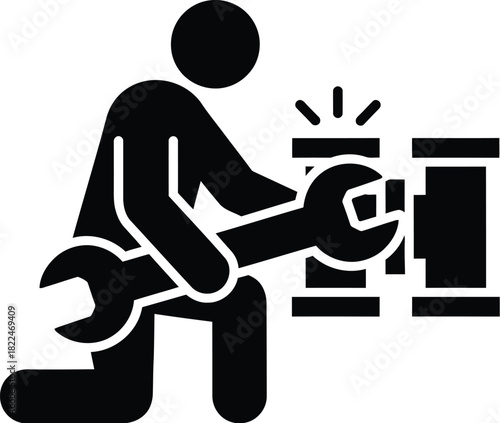 Mechanic joining pipes with a wrench, flat icon