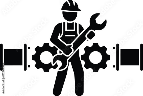 Mechanic joining pipes with a wrench, flat icon