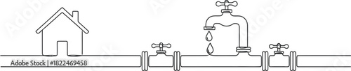 Plumbing banner concept with continuous line house and pipe.