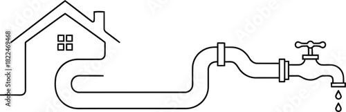 Plumbing banner concept with continuous line house and pipe.