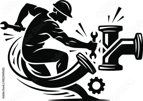 Mechanic joining pipes with a wrench, flat icon